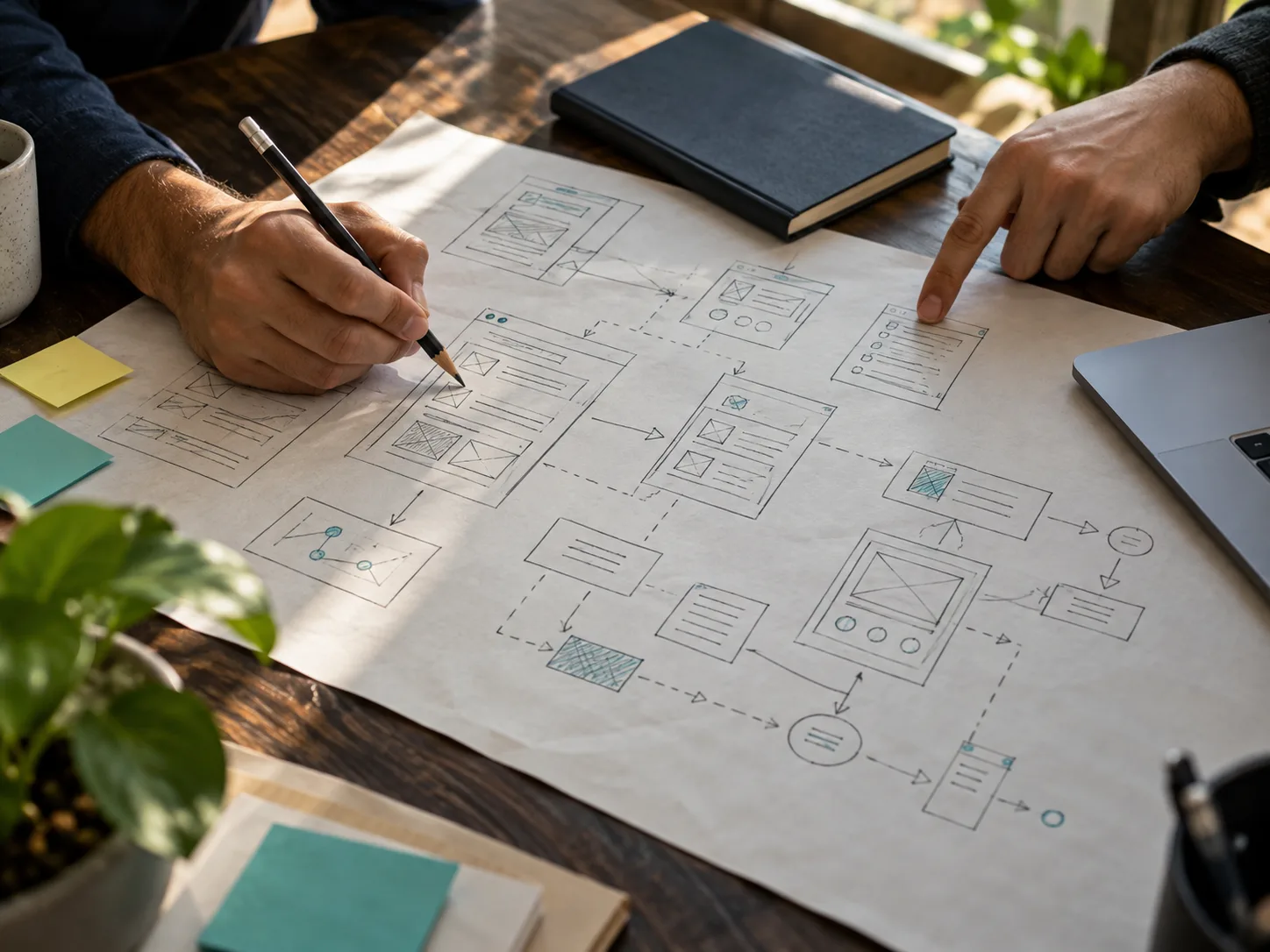 Illustrative photograph of a product workflow being mapped on paper
