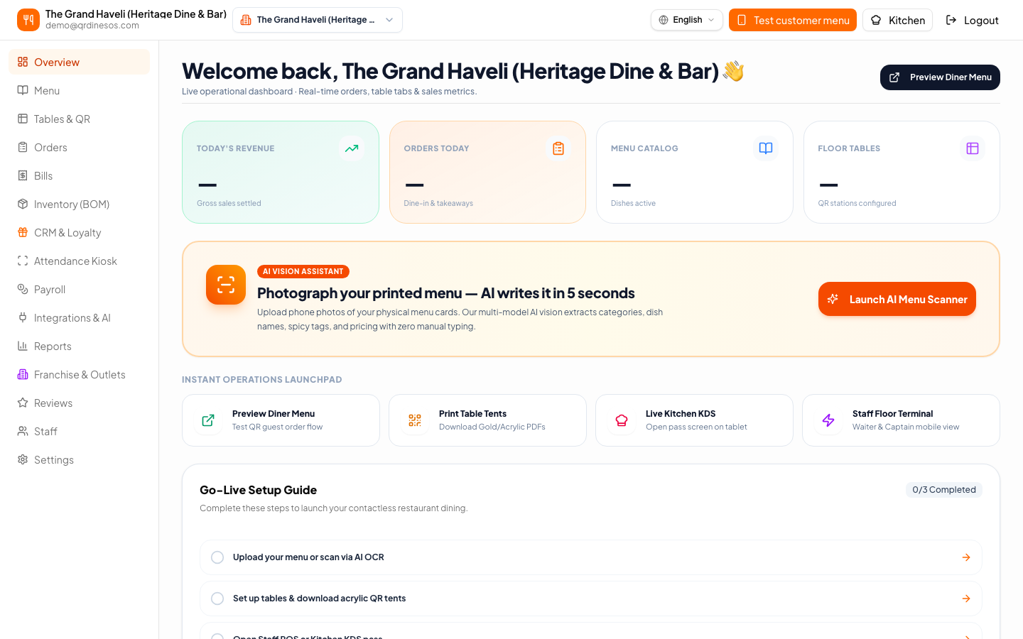QRDinesOS restaurant operations dashboard