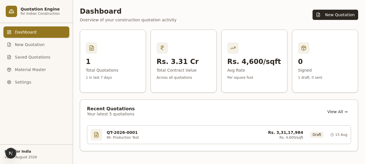 Construction quotation engine dashboard
