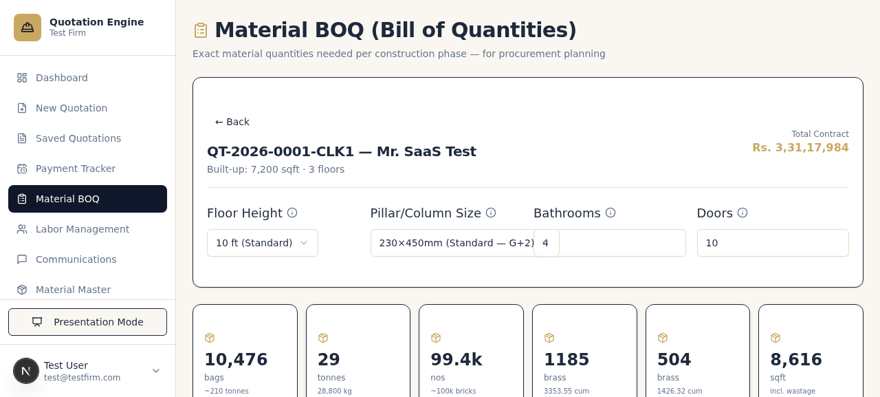 Material bill of quantities showing exact quantities by construction input